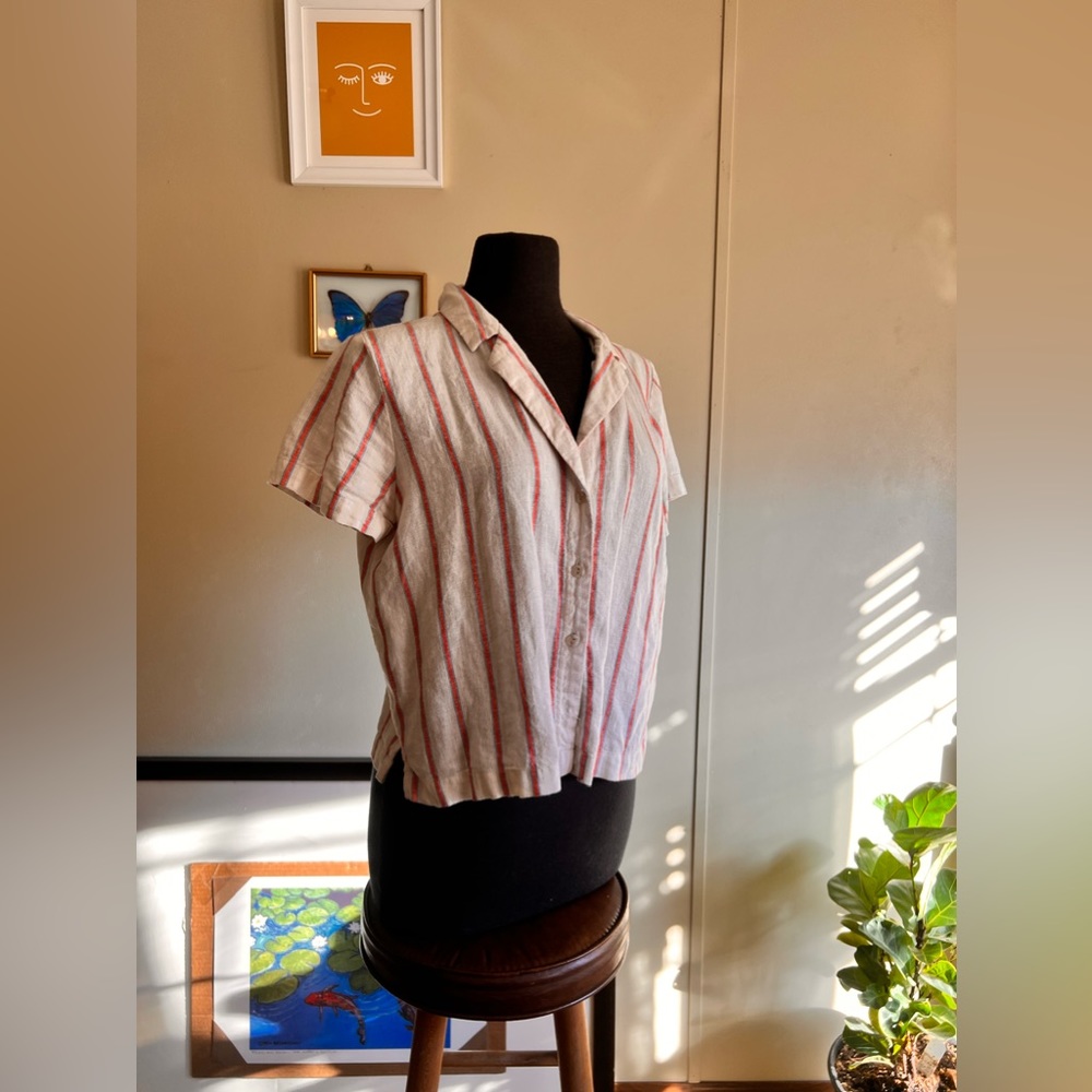 Universal thread, salmon, and blue, striped button-down